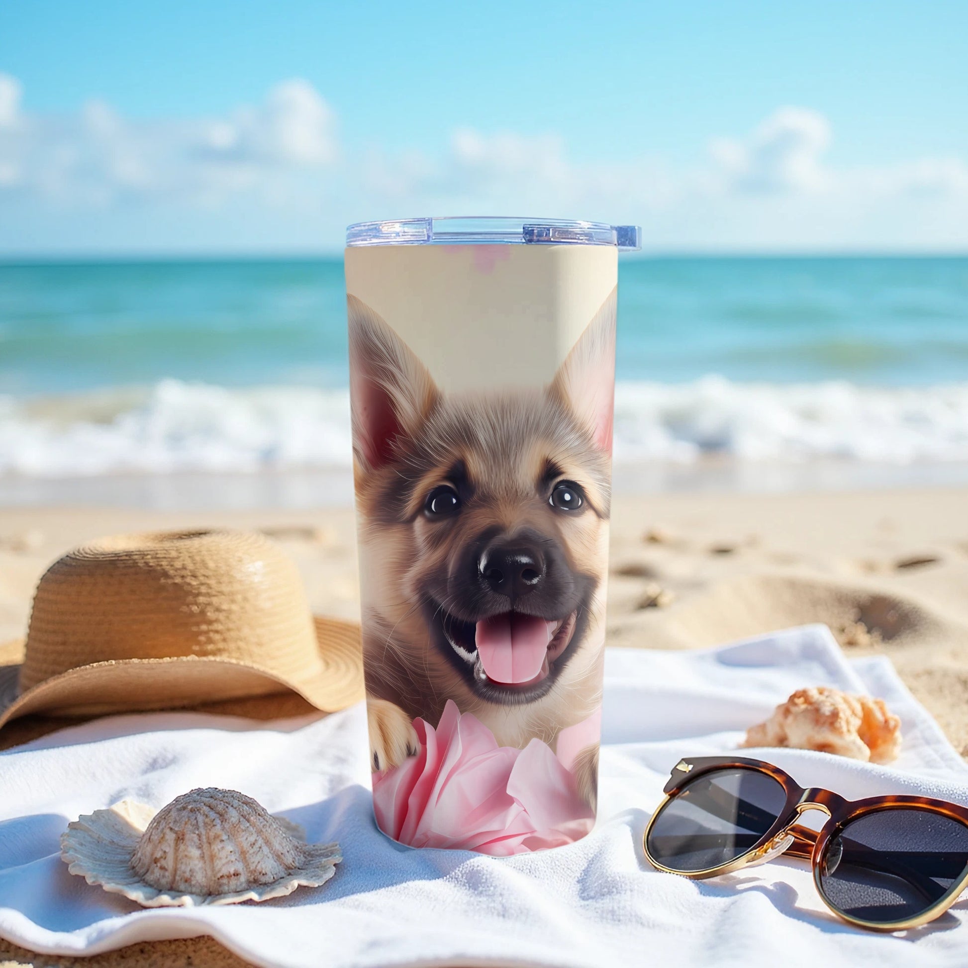 Adorable Puppy Pink Flowers Beach Scene Tumbler product type