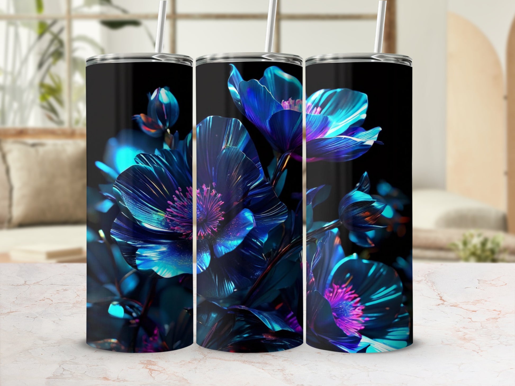 Blue and purple flowers on a black tumbler with a straw.