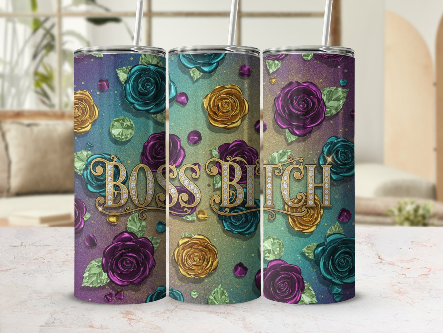 Boss Bitch Floral Design Tumbler with Straw