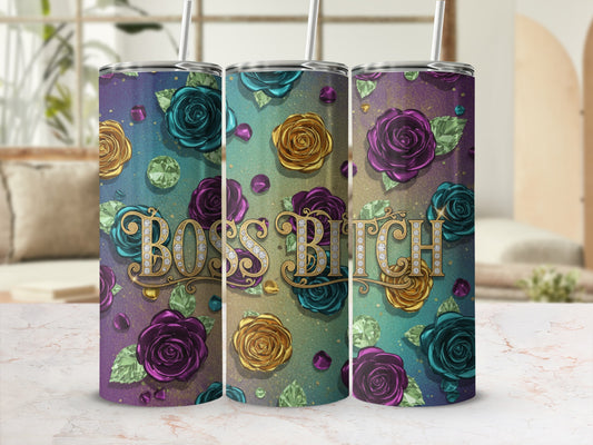 Boss Bitch Floral Design Tumbler with Straw