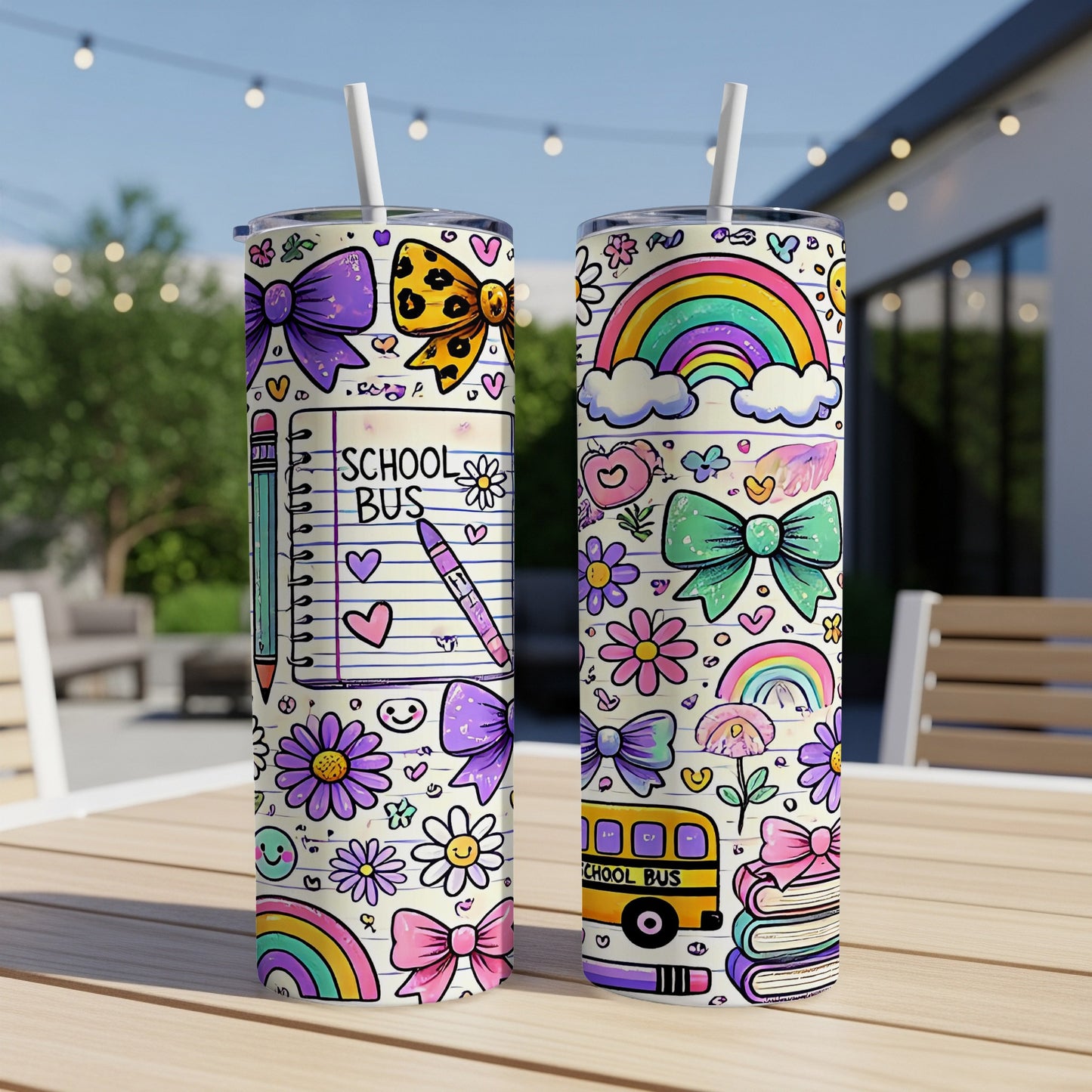 Two tumblers with a doodle-style school bus, rainbows, and bows.