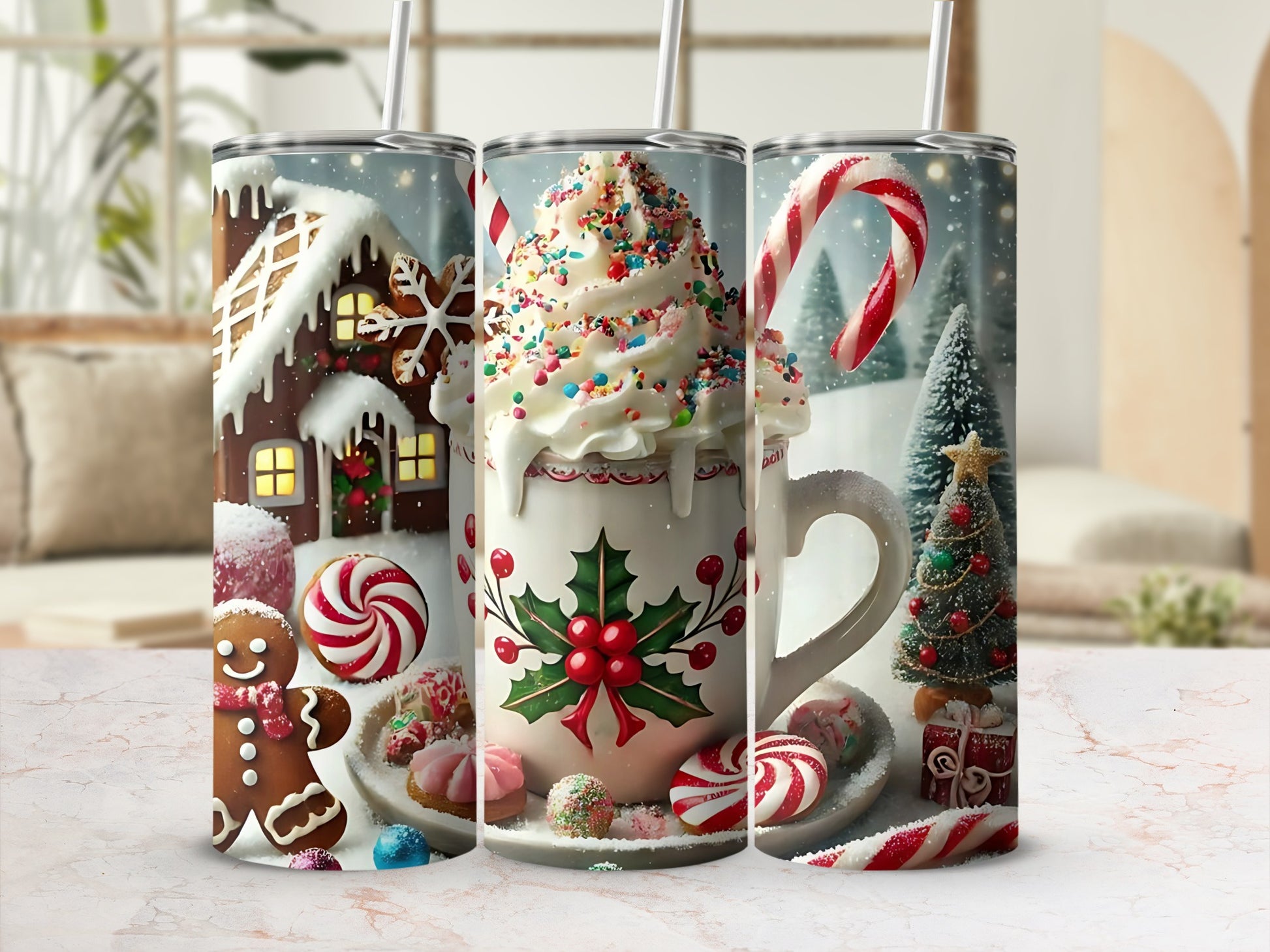 Festive Christmas Themed Tumblers with Gingerbread and Candy