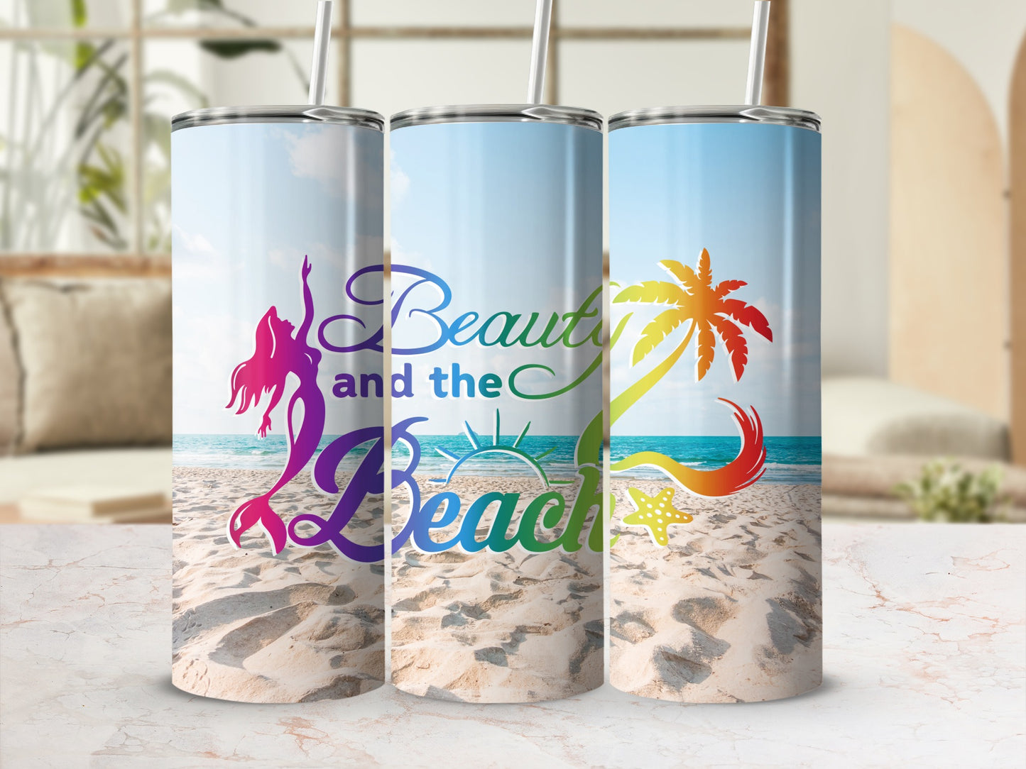 Three tumblers with "Beauty and the Beach" text and mermaid and palm tree designs.