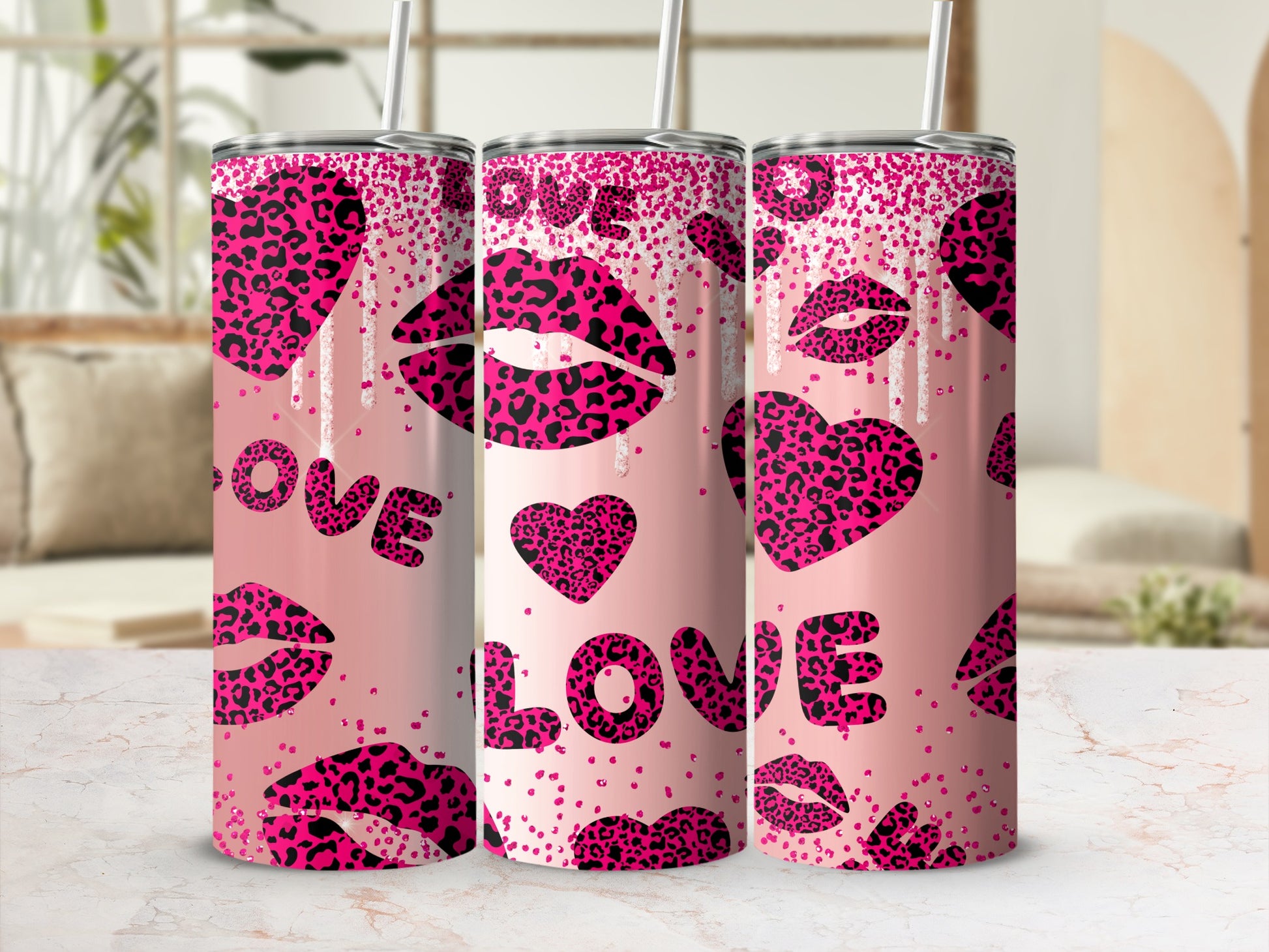 Pink Leopard Print LOVE Lips and Hearts Tumbler
