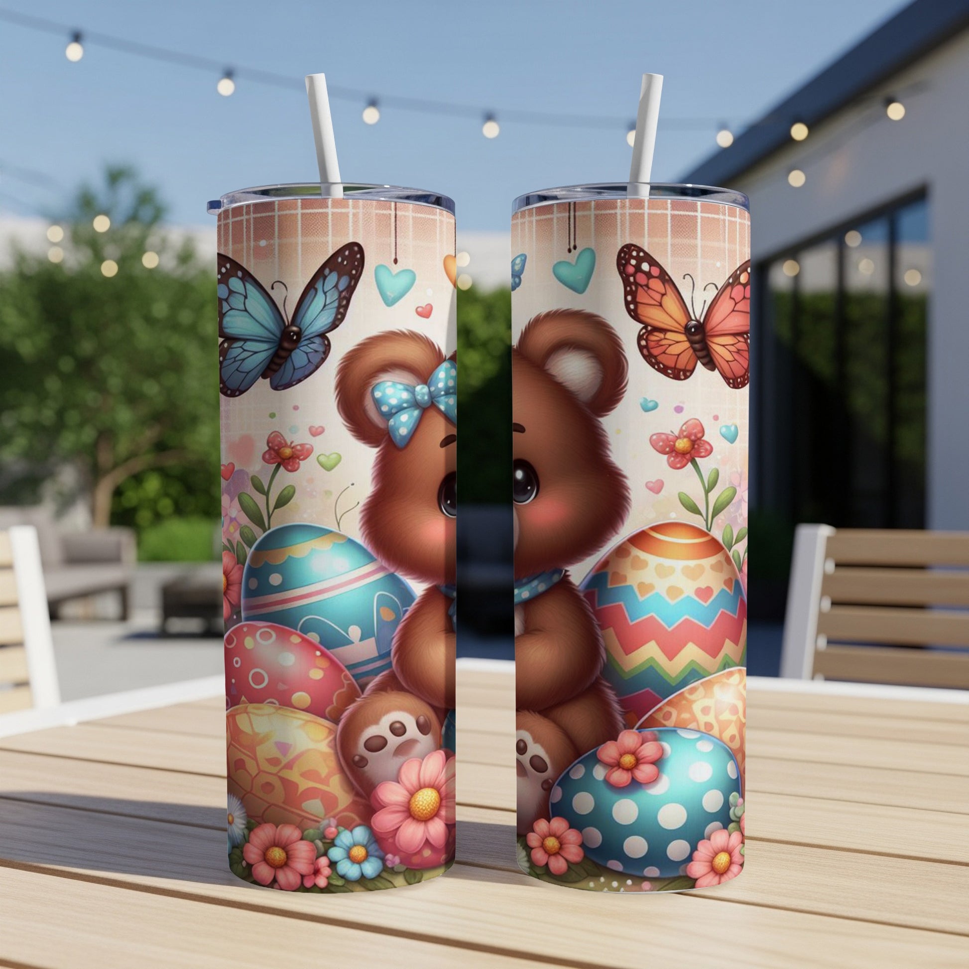 Two tumblers with a teddy bear and Easter eggs design.