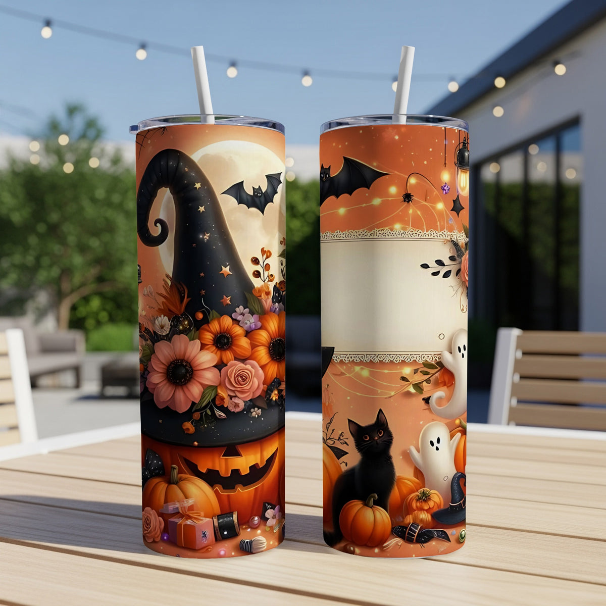 Two Halloween-themed tumblers with pumpkins, a black cat, ghosts, bats, and flowers.