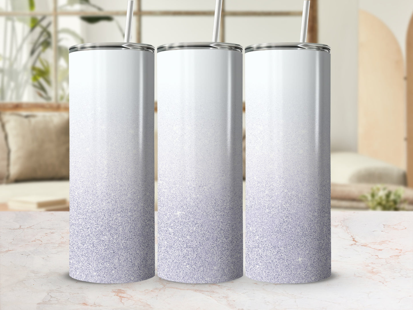 Three white tumblers with a lavender glitter gradient in soft lighting.