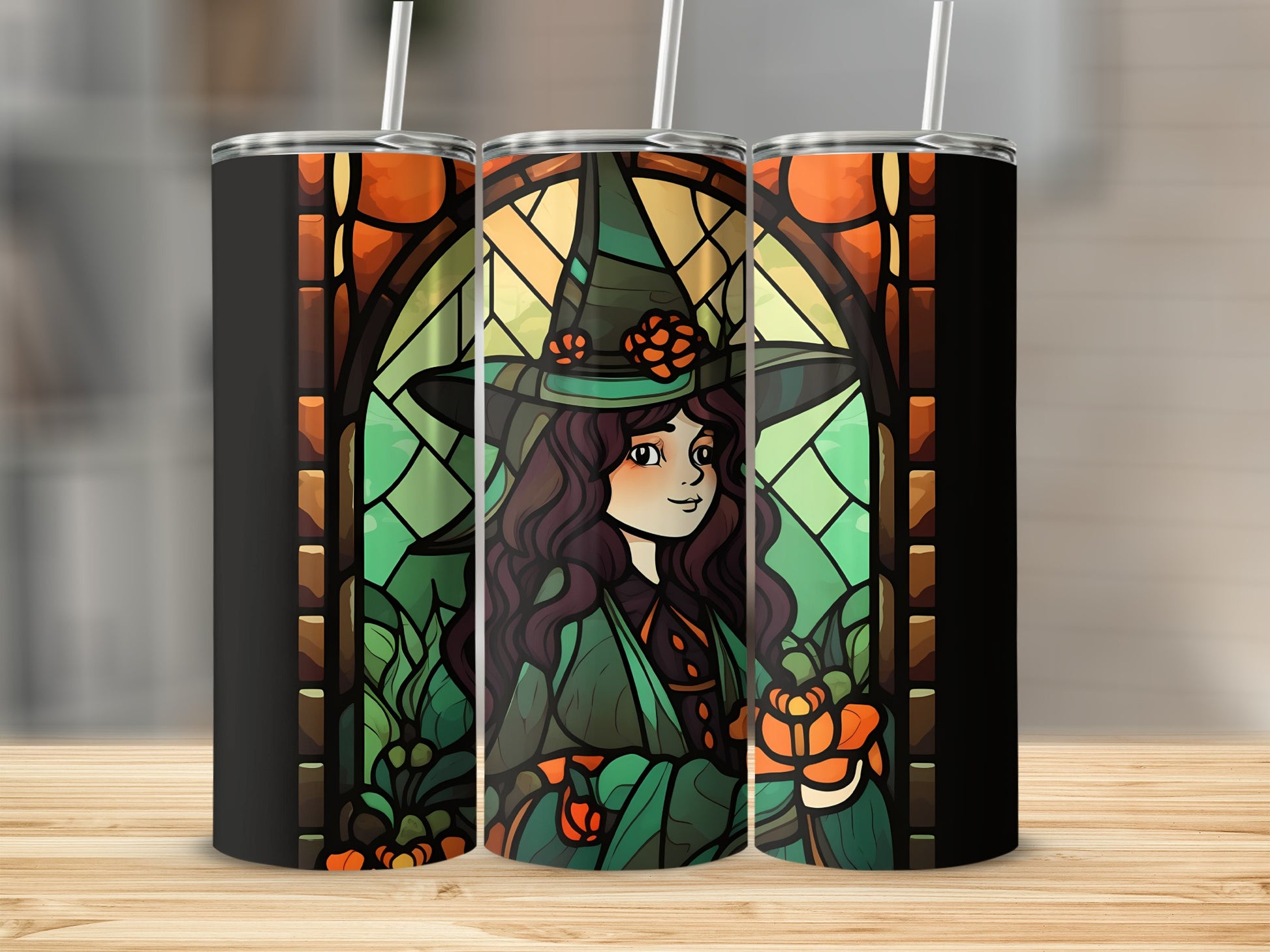 Witch with flowers in stained glass pattern on tumbler.
