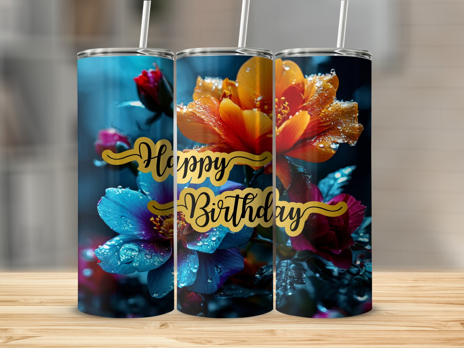 "Happy Birthday" text on tumblers with colorful flowers and water droplets.