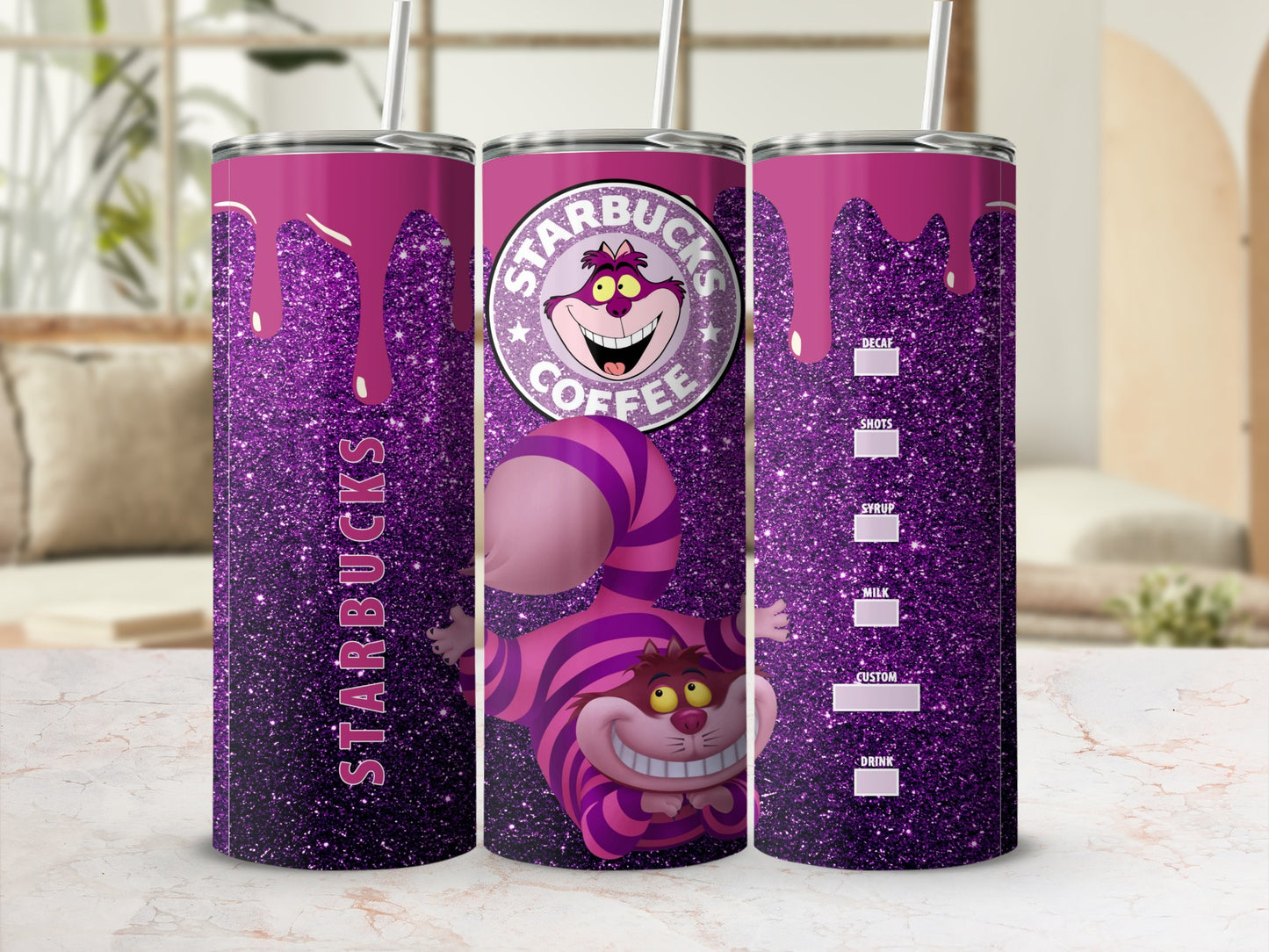 Glitter Purple Coffee Drip Cup with Character Design