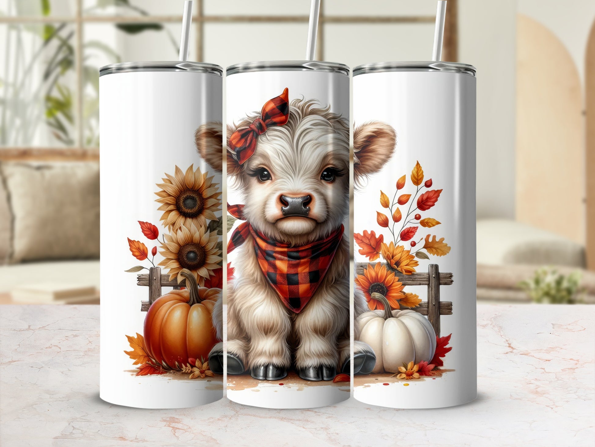 Cute calf with pumpkins and sunflowers, autumn theme.