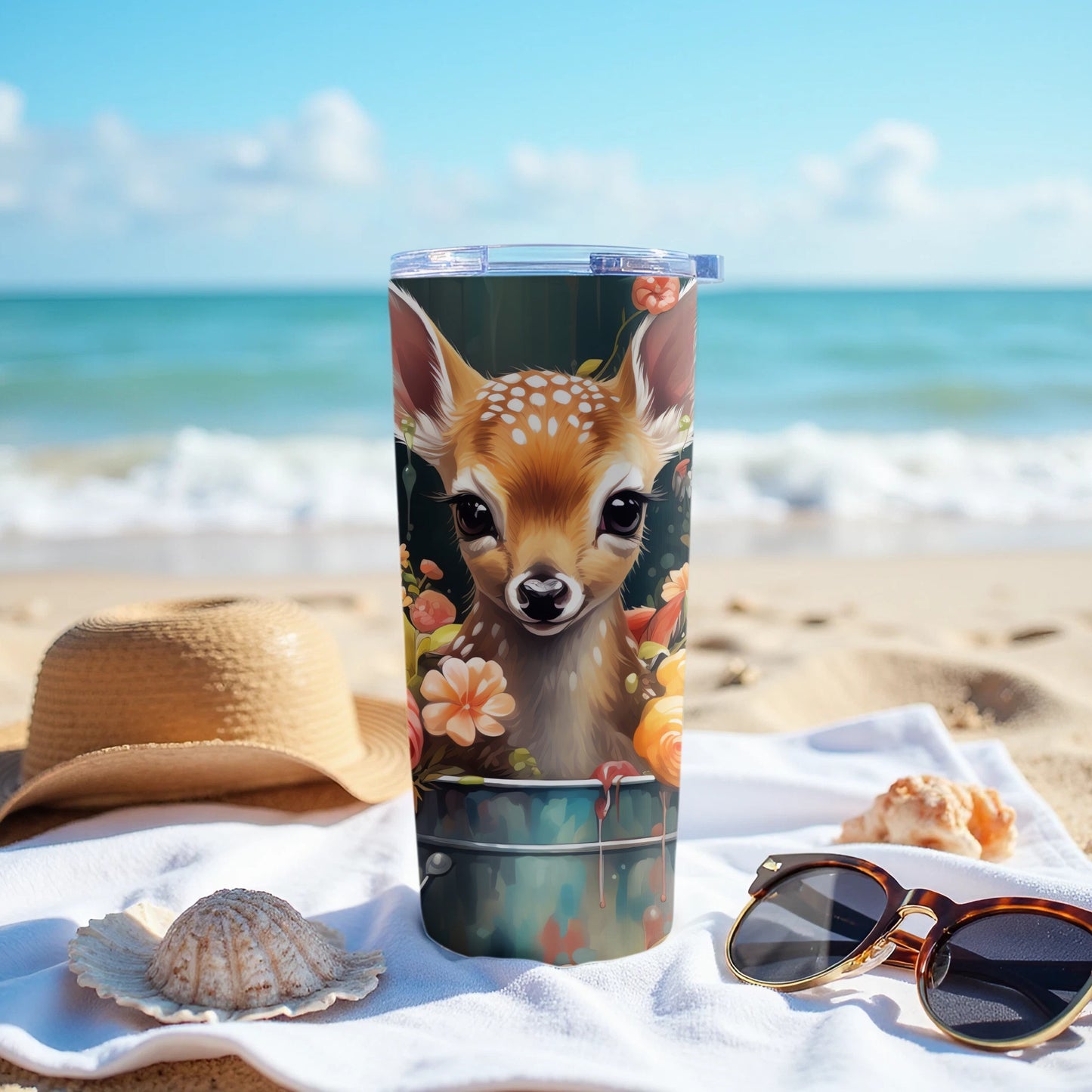 Adorable Fawn Floral Design Tumbler Beach Scene Drinkware product type