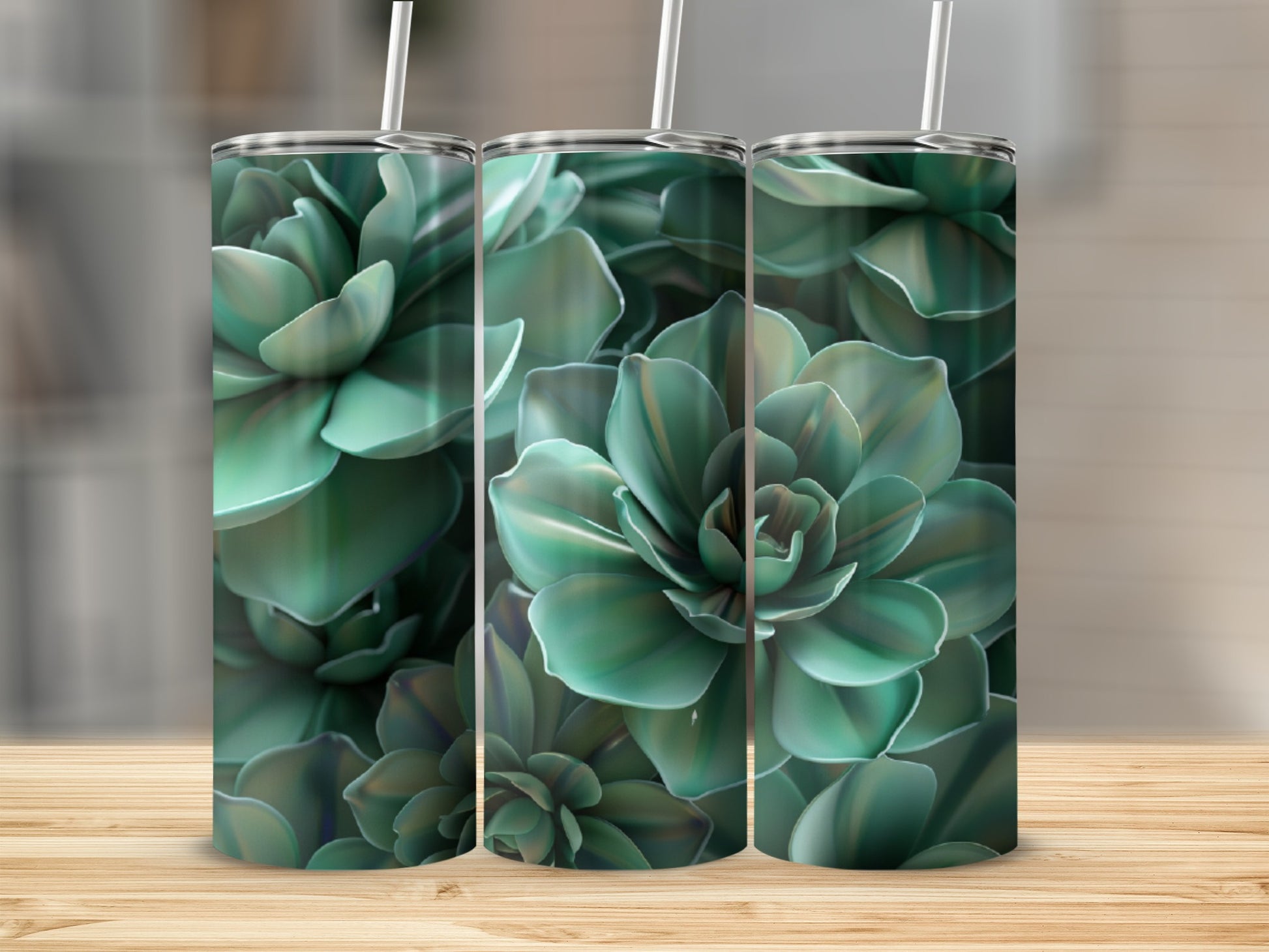 Triptych of a green succulent plant pattern on tumblers.