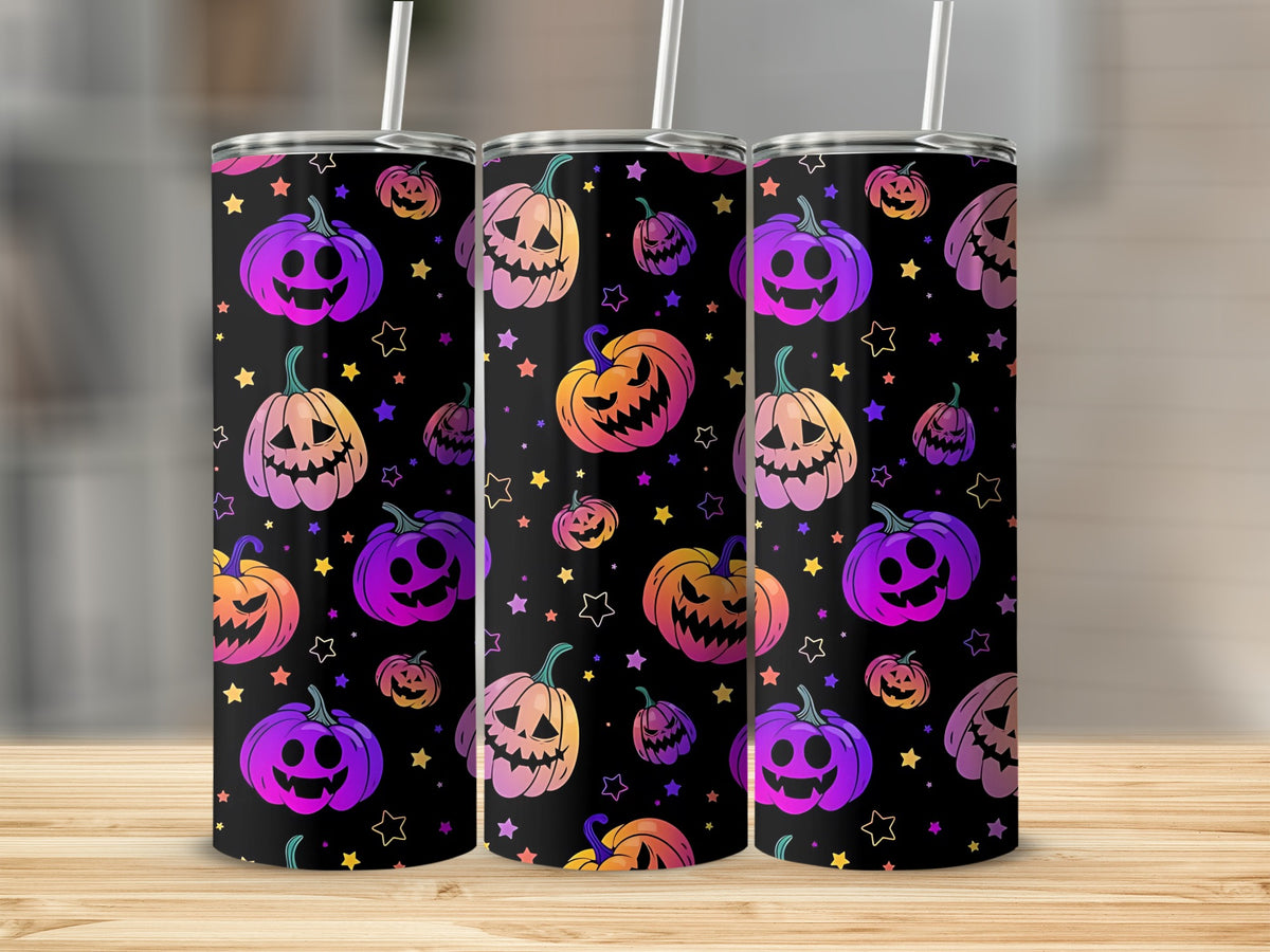 Three tumblers with a black background and a repeating pattern of colorful, gradient pumpkins and stars.