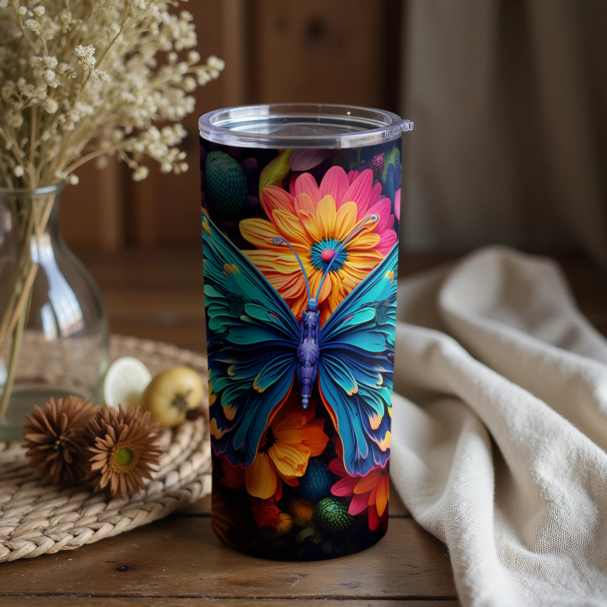 Colorful Floral and Butterfly Design Travel Mug