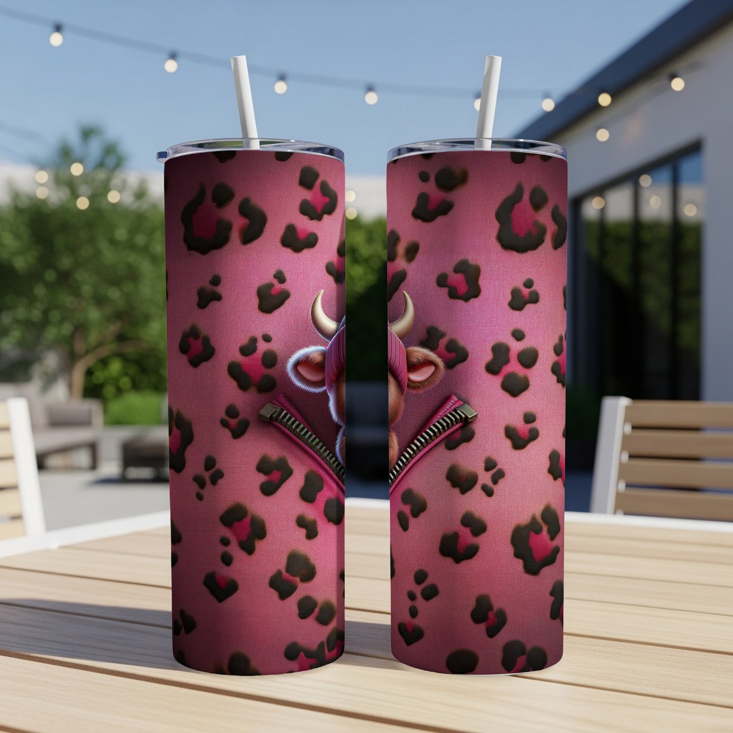 Two tumblers with pink leopard print and a partially unzipped cow graphic.