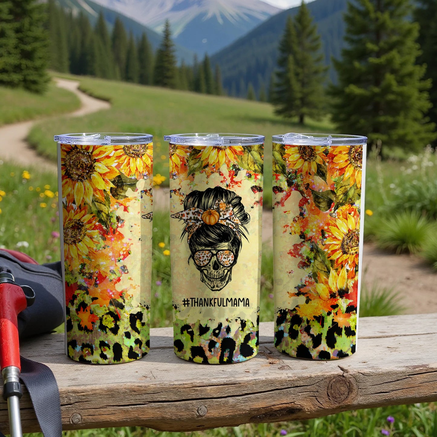 Three tumblers with sunflowers, leopard print, and "#THANKFULMAMA" text.