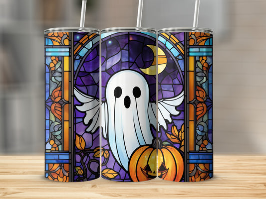 Tumbler with ghost, pumpkin, moon, and stained glass Halloween design.