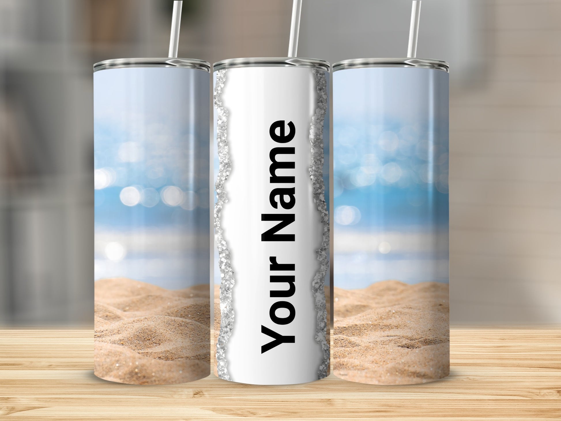 Personalized Beach Scene Glitter Water Bottle