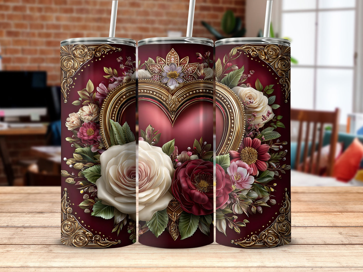 Floral Heart Design with Roses Print Tumbler