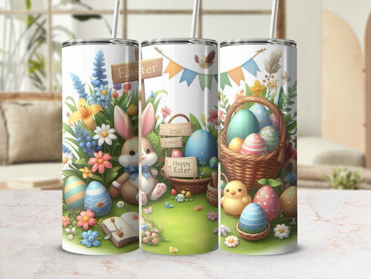 Easter themed tumbler with bunny, chicks, eggs, and festive bunting.
