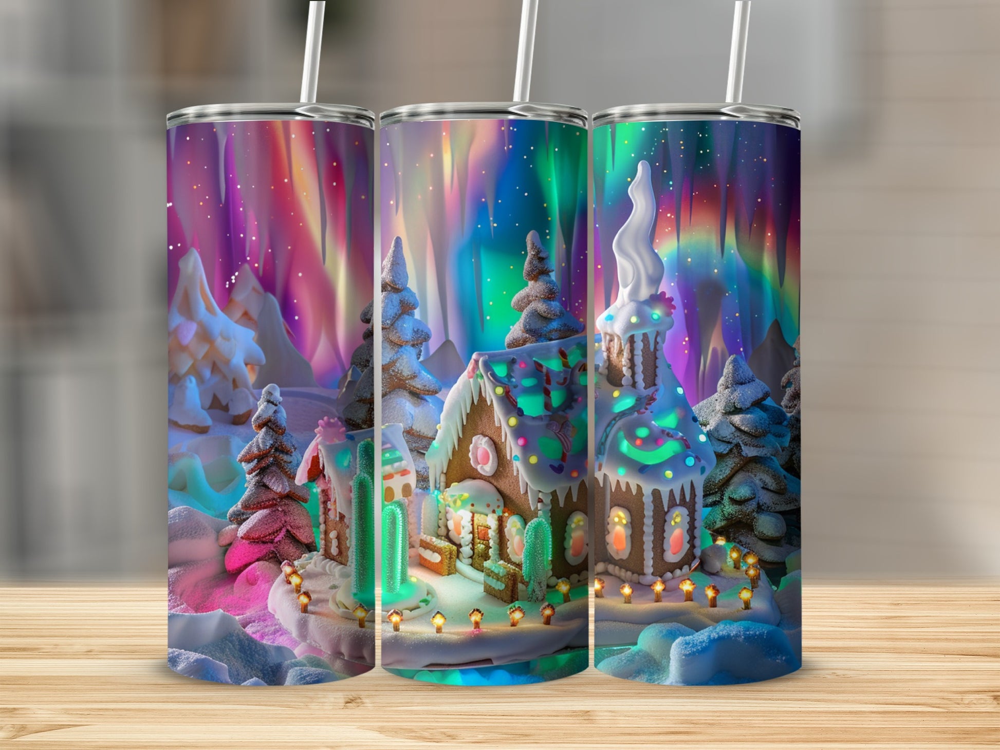 Northern Lights Gingerbread House Tumbler 20 oz