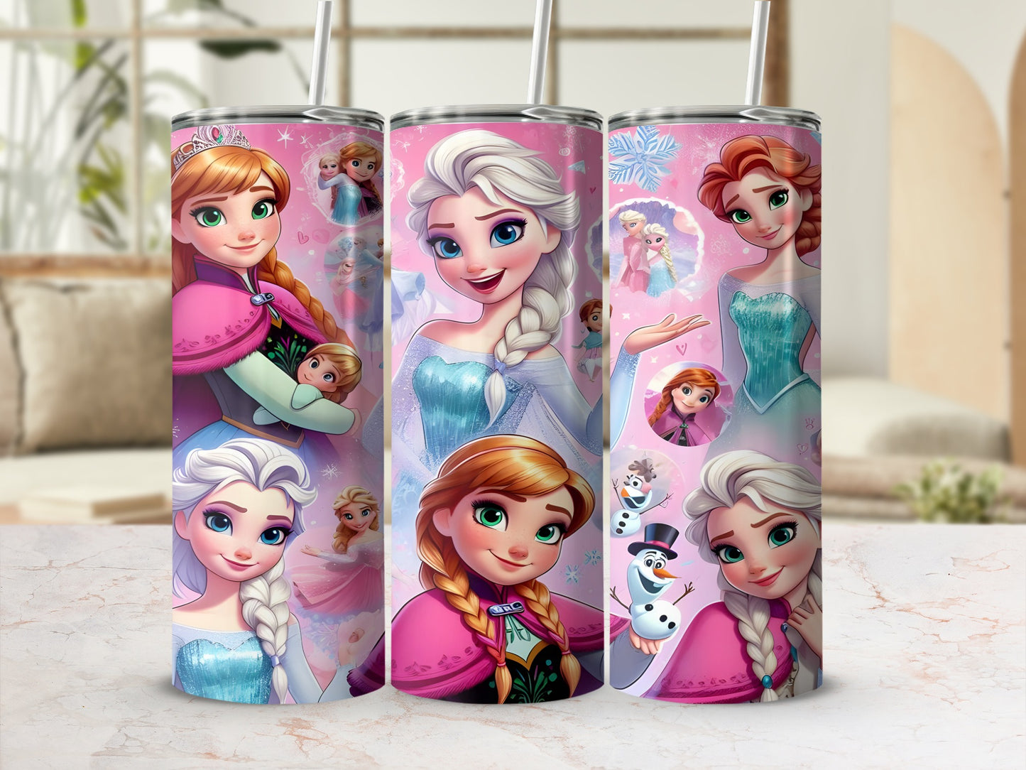 Elsa and Anna from Frozen in a repeating pattern on a tumbler.