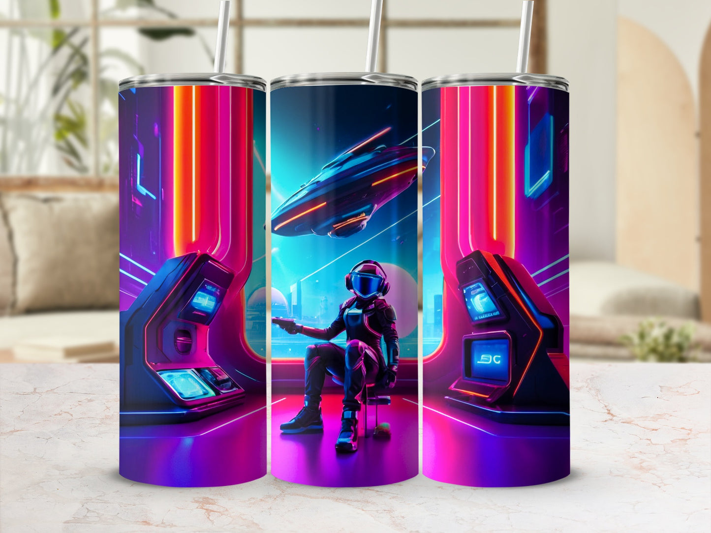 Astronaut playing a futuristic video game in a neon-lit arcade.