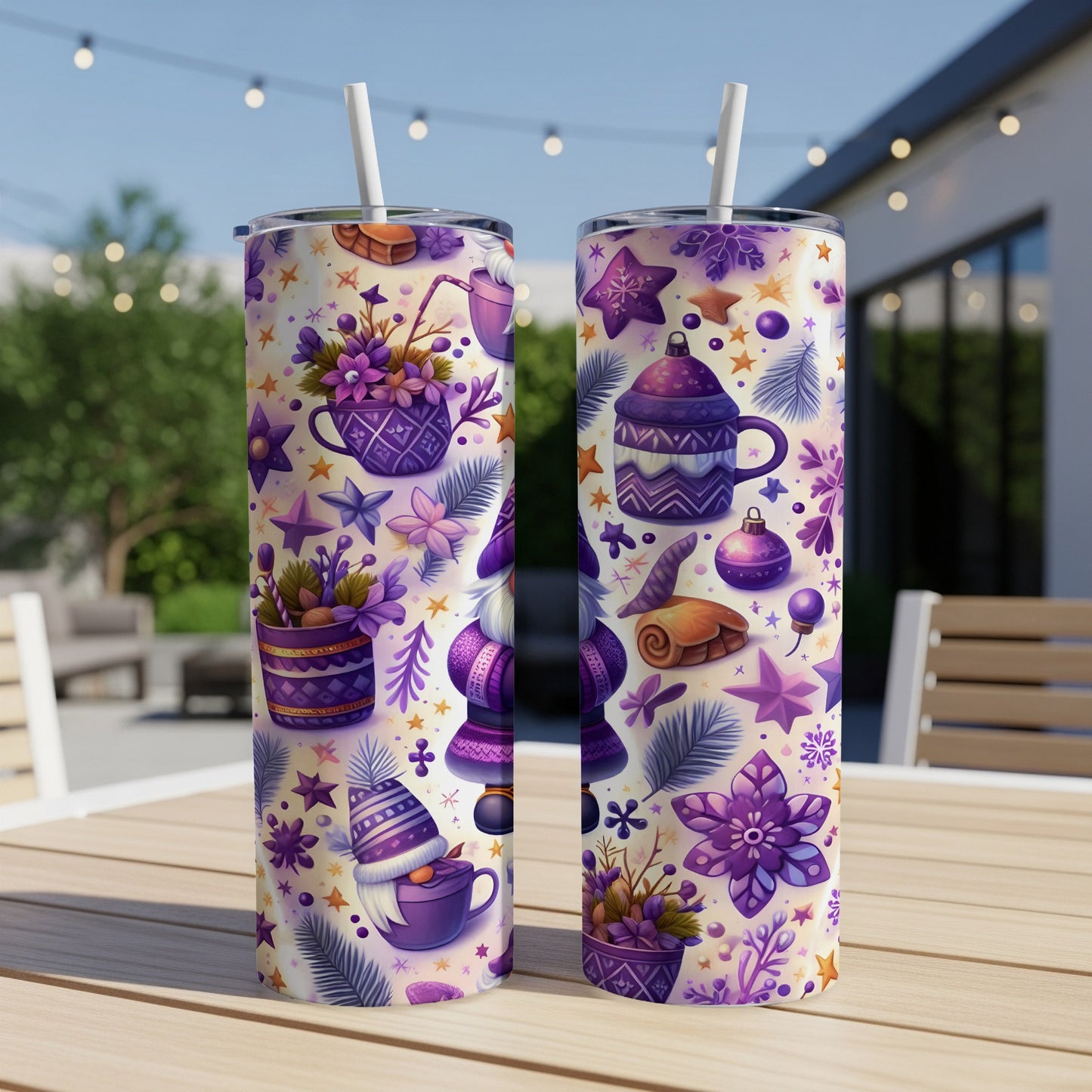 Two purple tumblers with floral and gnome winter pattern on table.
