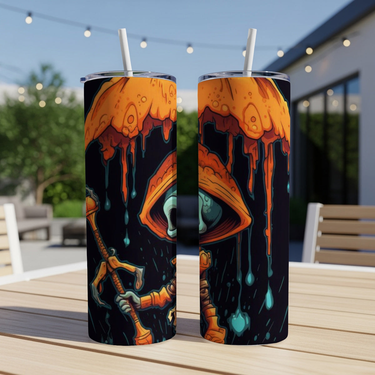 Two tumblers featuring a cartoon eye character under an orange dripping umbrella.