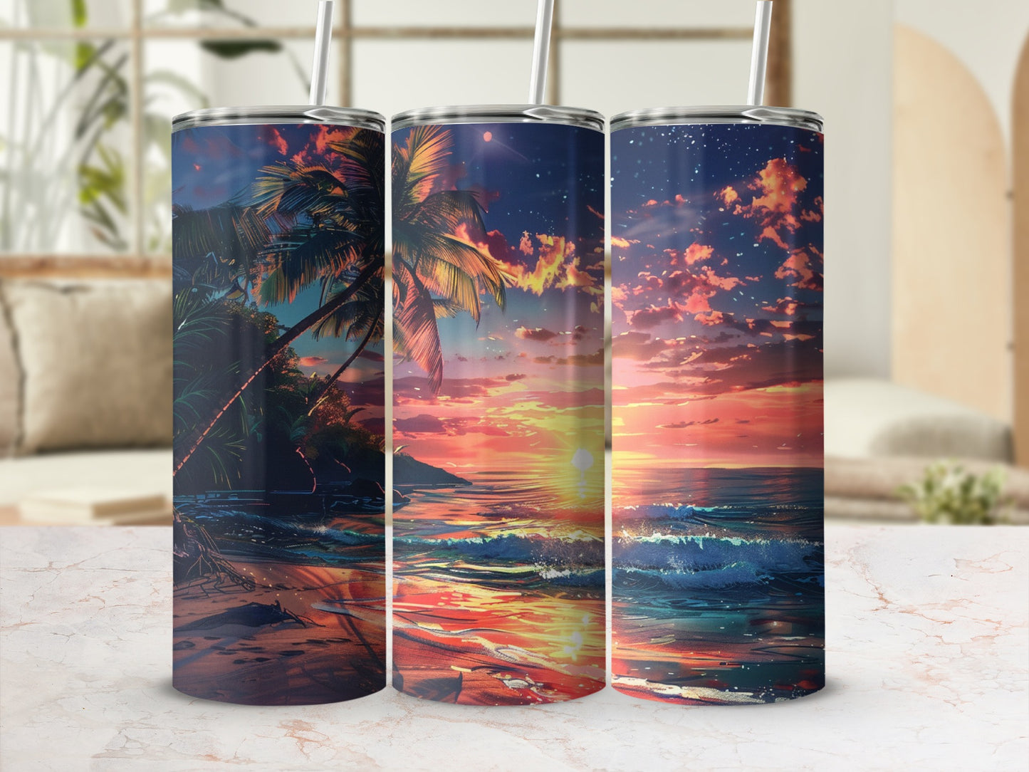 Three tumblers displaying a tropical beach sunset with palm trees.