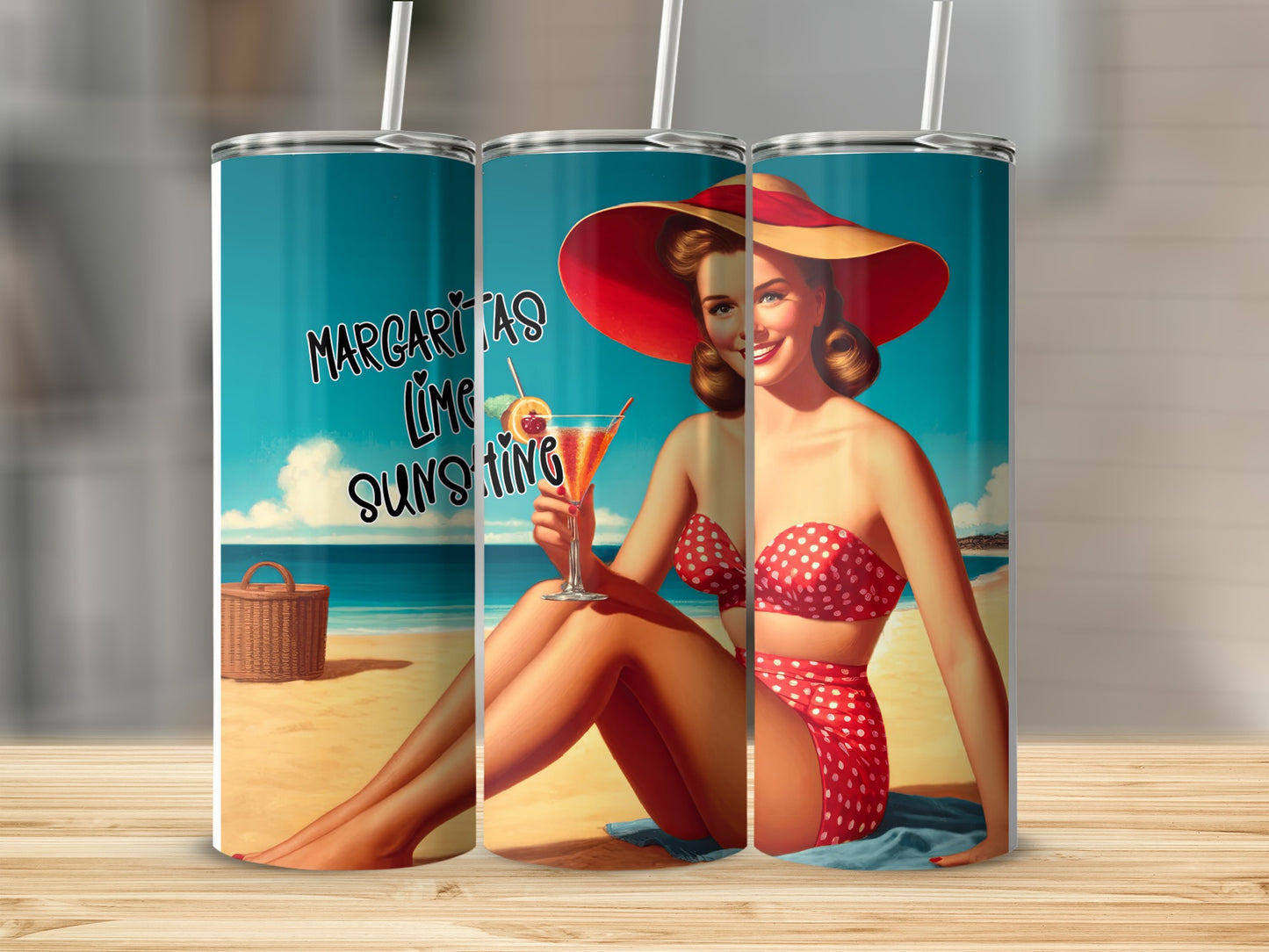 Pin-up woman in red polka dot bikini holding margarita on beach.