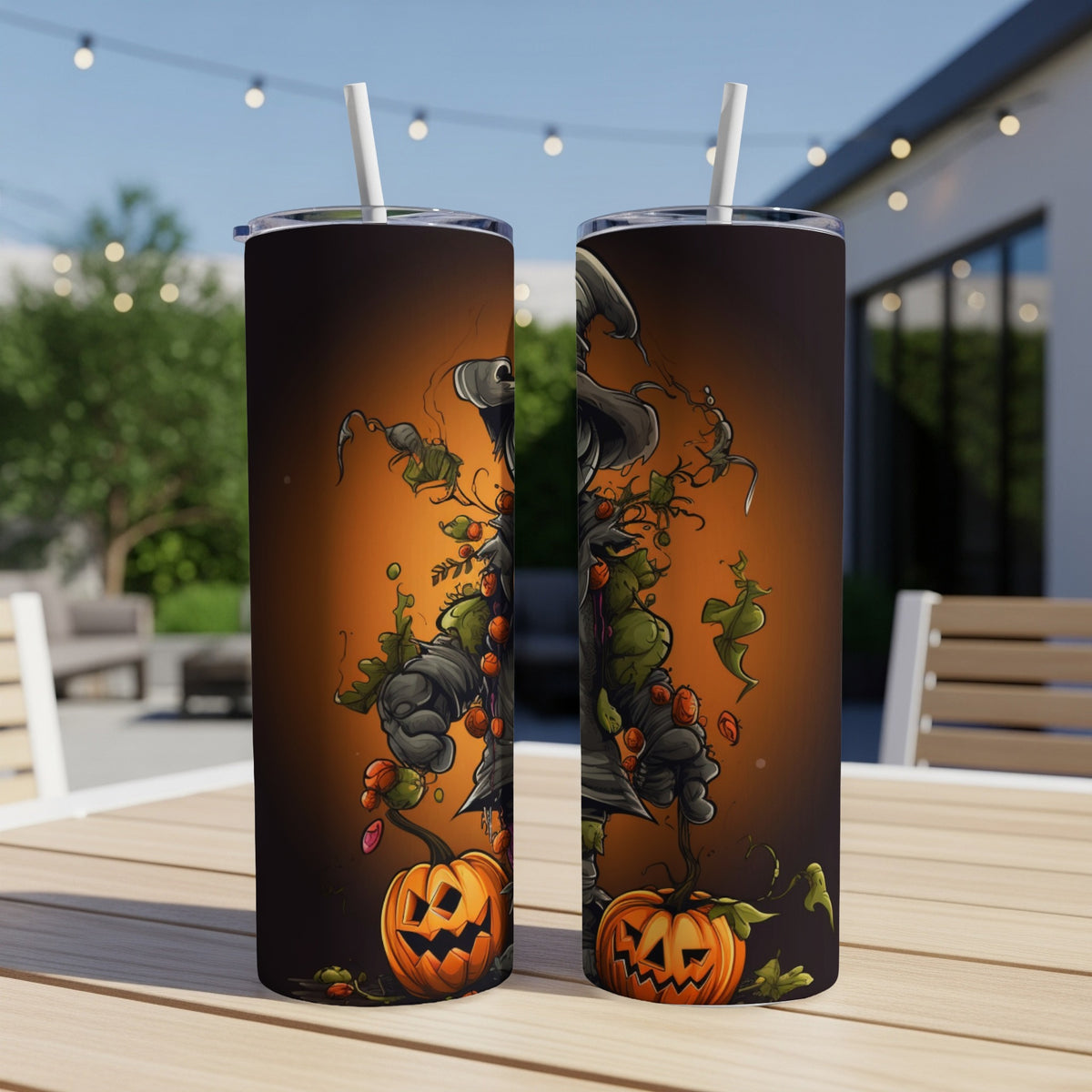 Two tumblers with a spooky Halloween scarecrow and pumpkin design.