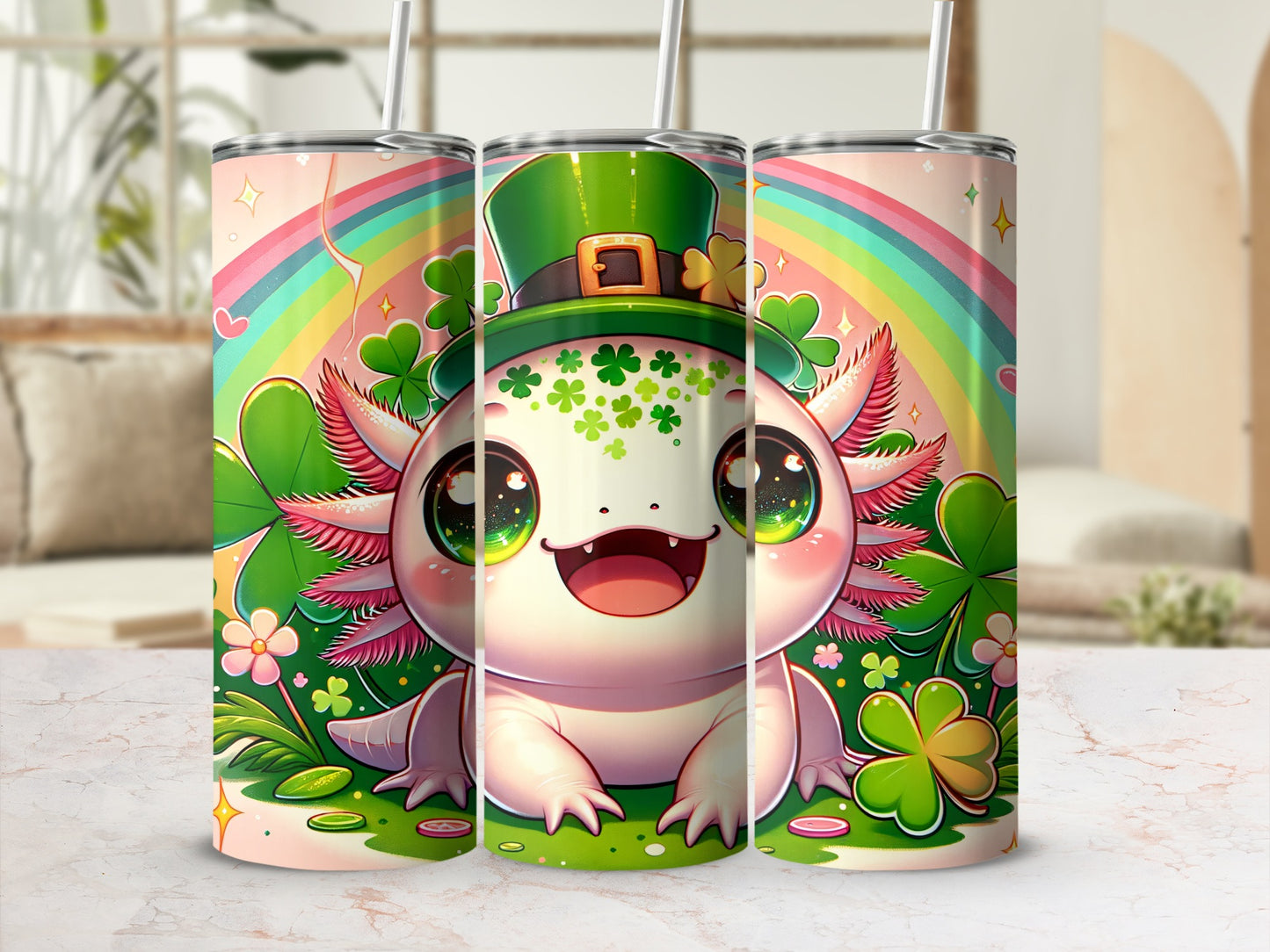 Kawaii axolotl in a leprechaun hat with shamrocks and a rainbow.