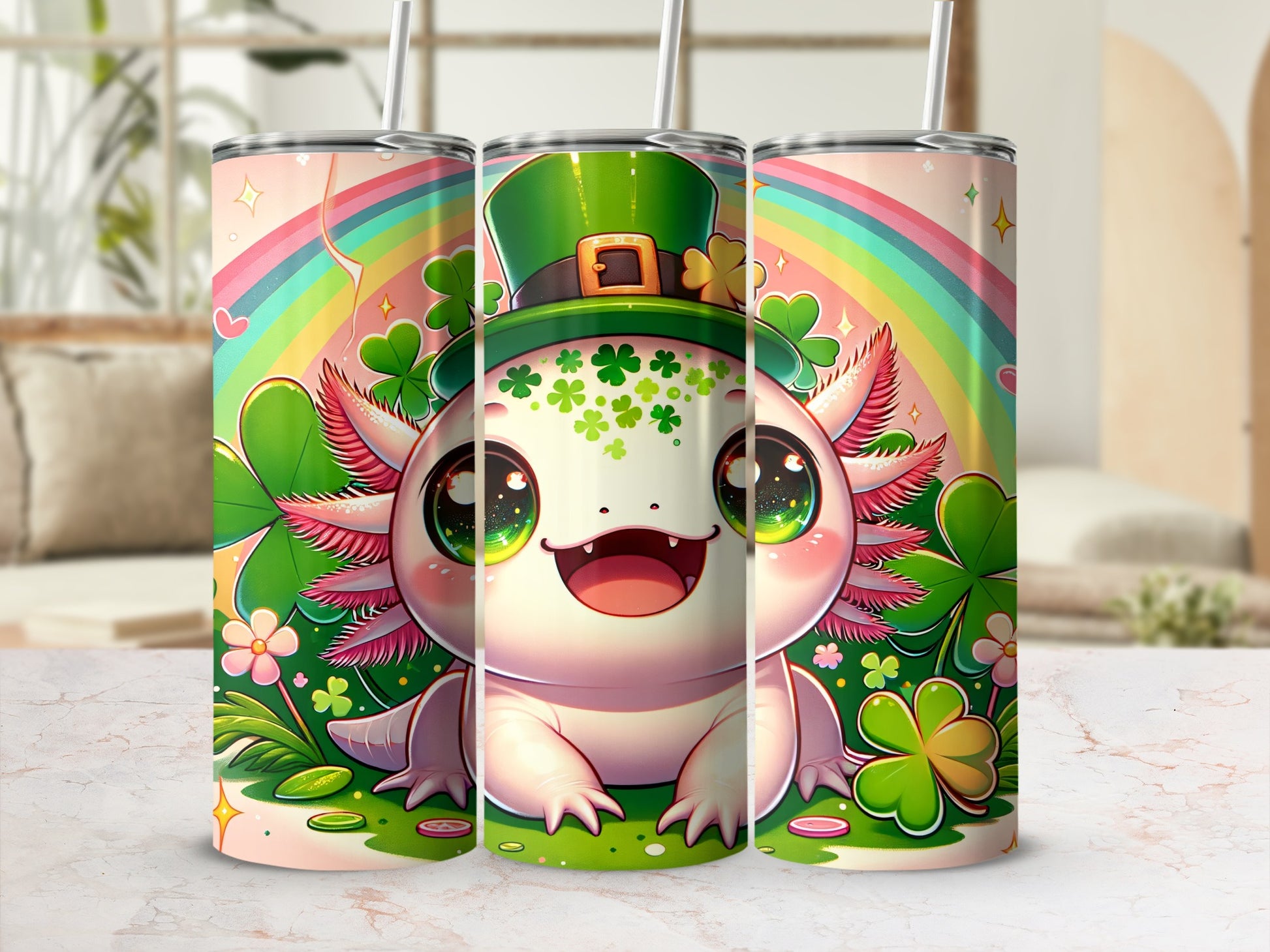 Kawaii axolotl in a leprechaun hat with shamrocks and a rainbow.