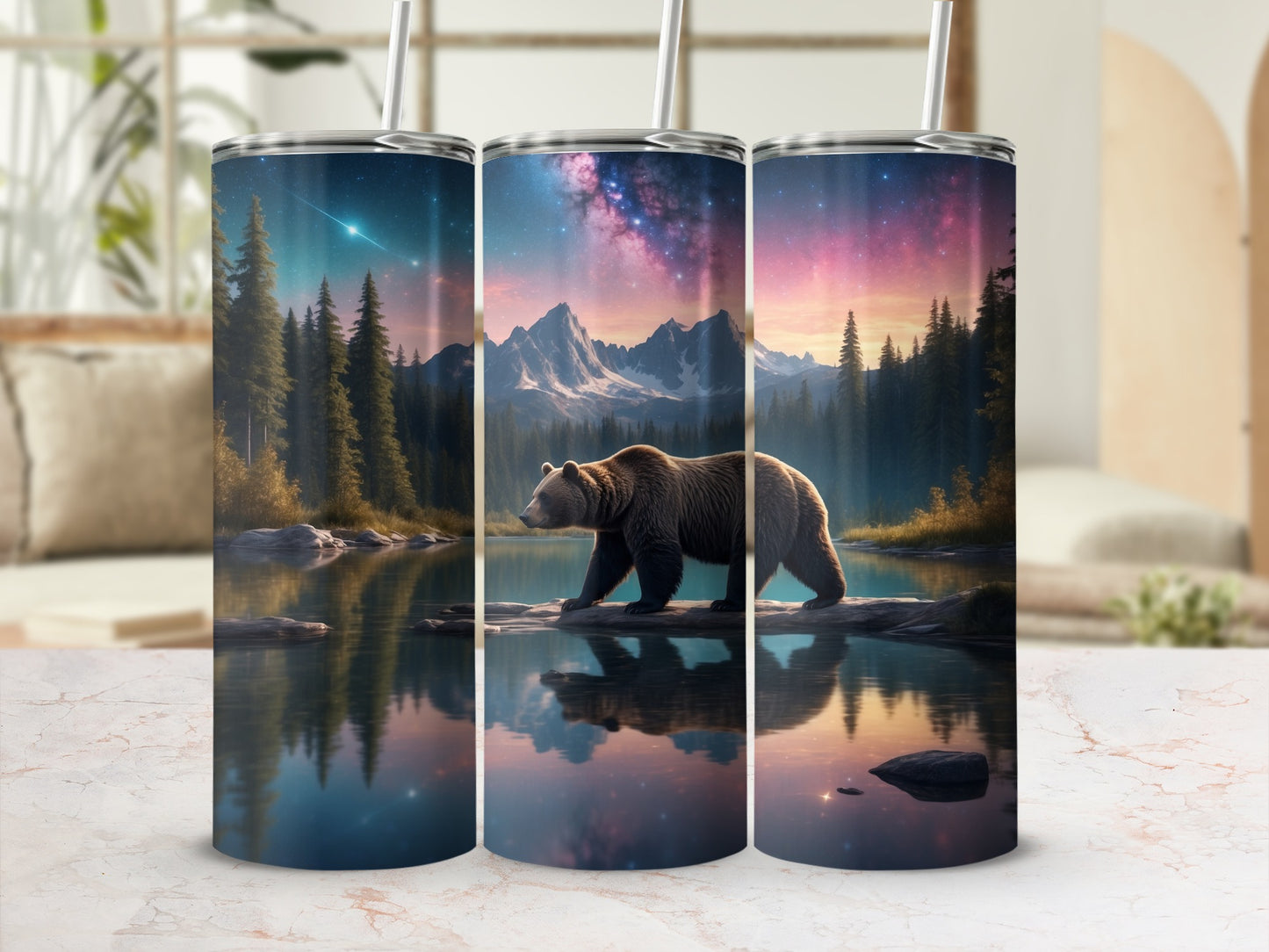 Bear walking on log with starry sky and mountain reflection.
