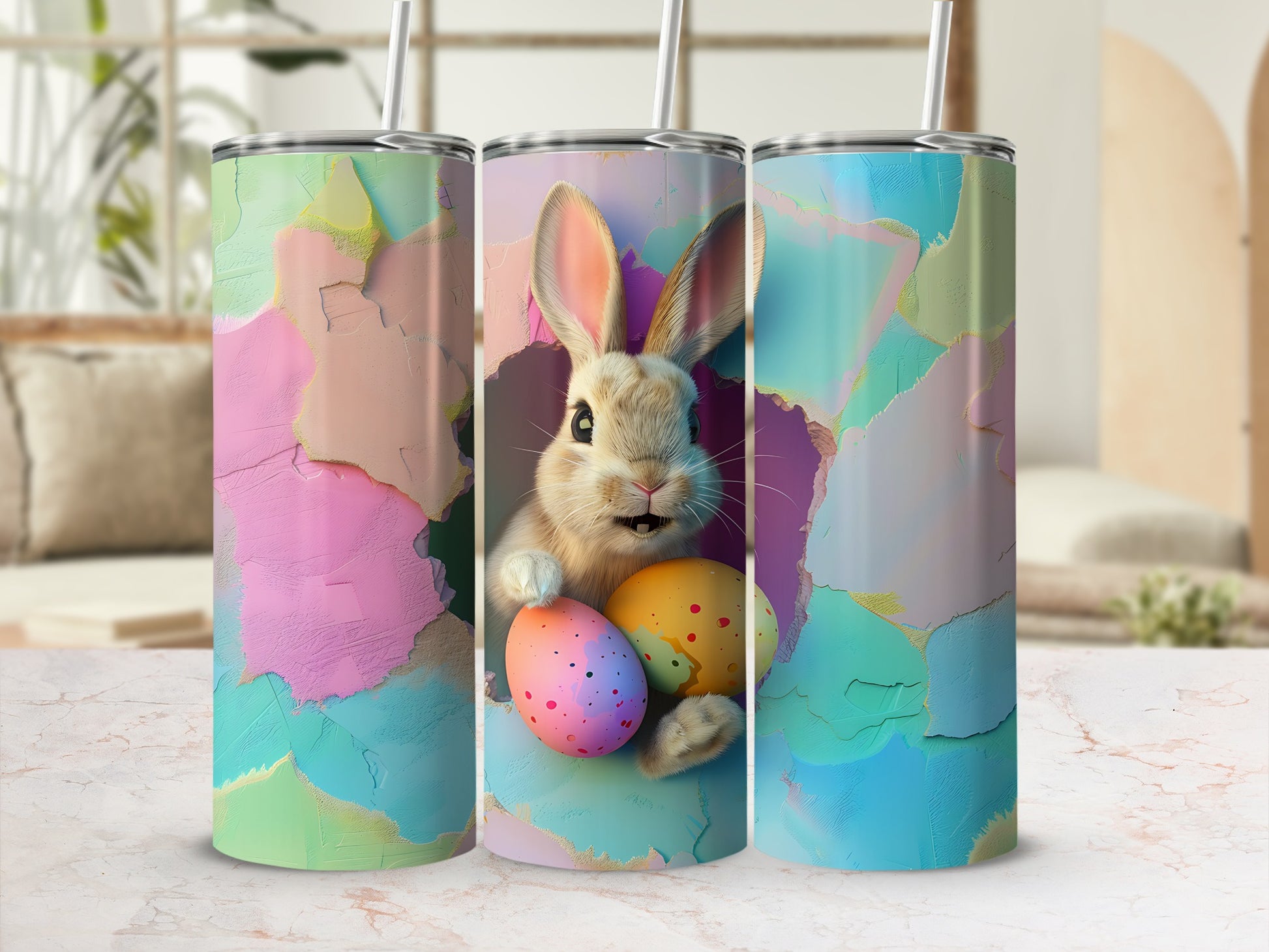 Easter bunny peeking through pastel painted cracks holding colorful eggs.