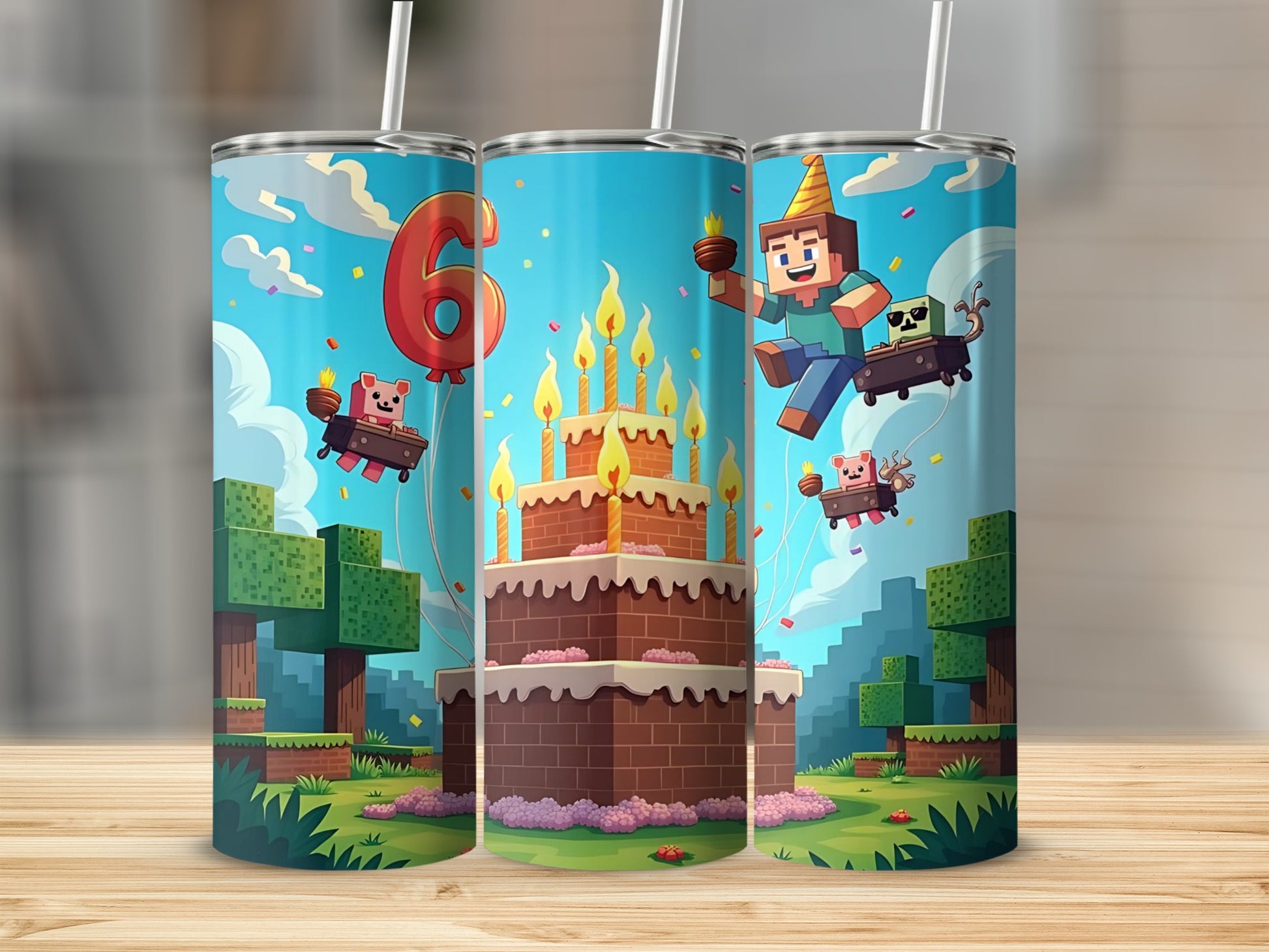 Minecraft Birthday Party Themed Cup With Straw 6-Year