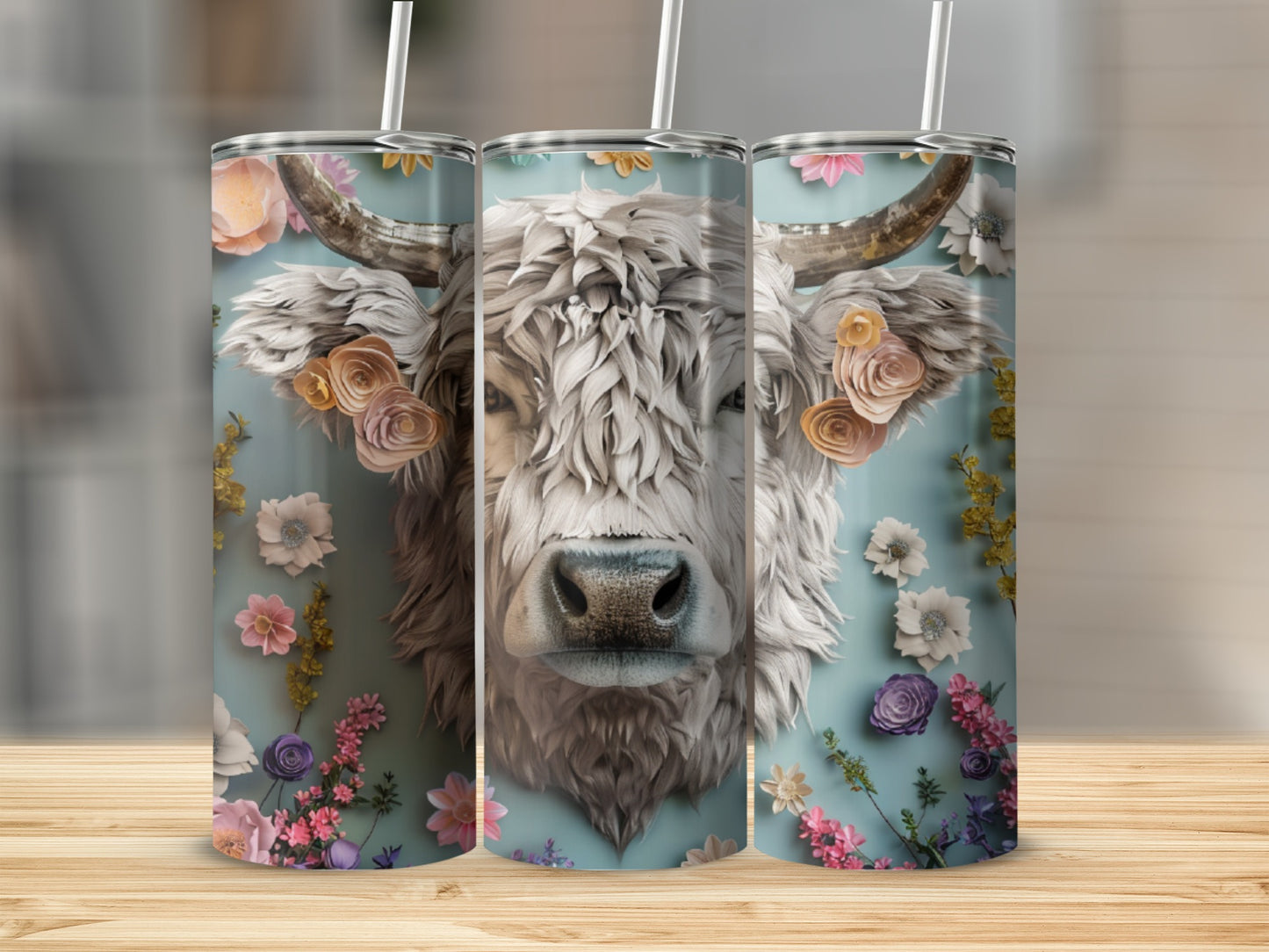 White cow with flowers on a blue background, repeated three times.