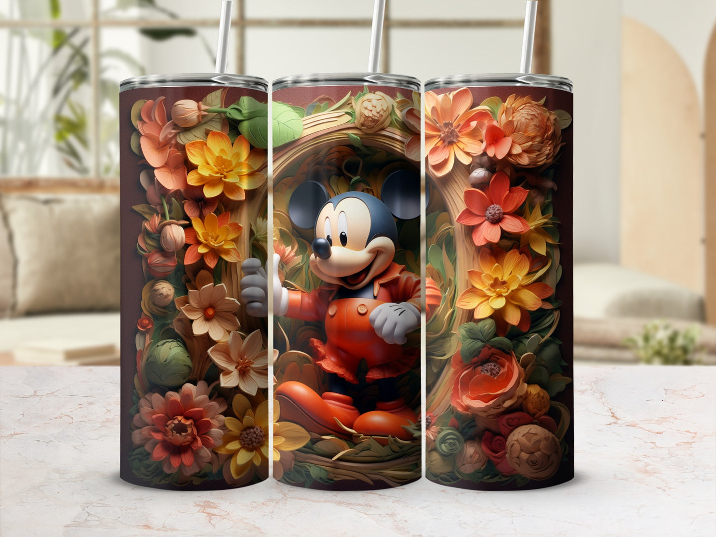 Charming Floral Mickey Mouse Illustration Tumbler