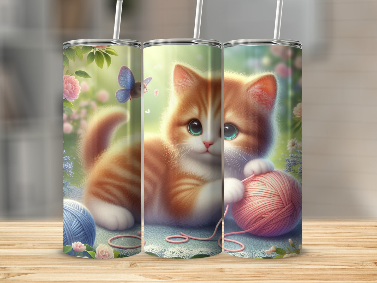Orange and white kitten plays with pink yarn, with butterfly and flowers.