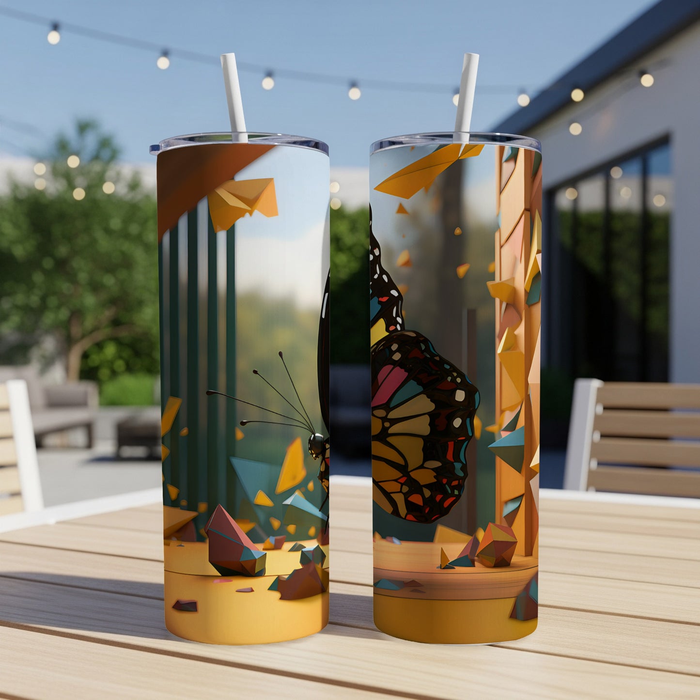 Two tumblers with a colorful butterfly design sit on a wooden table.
