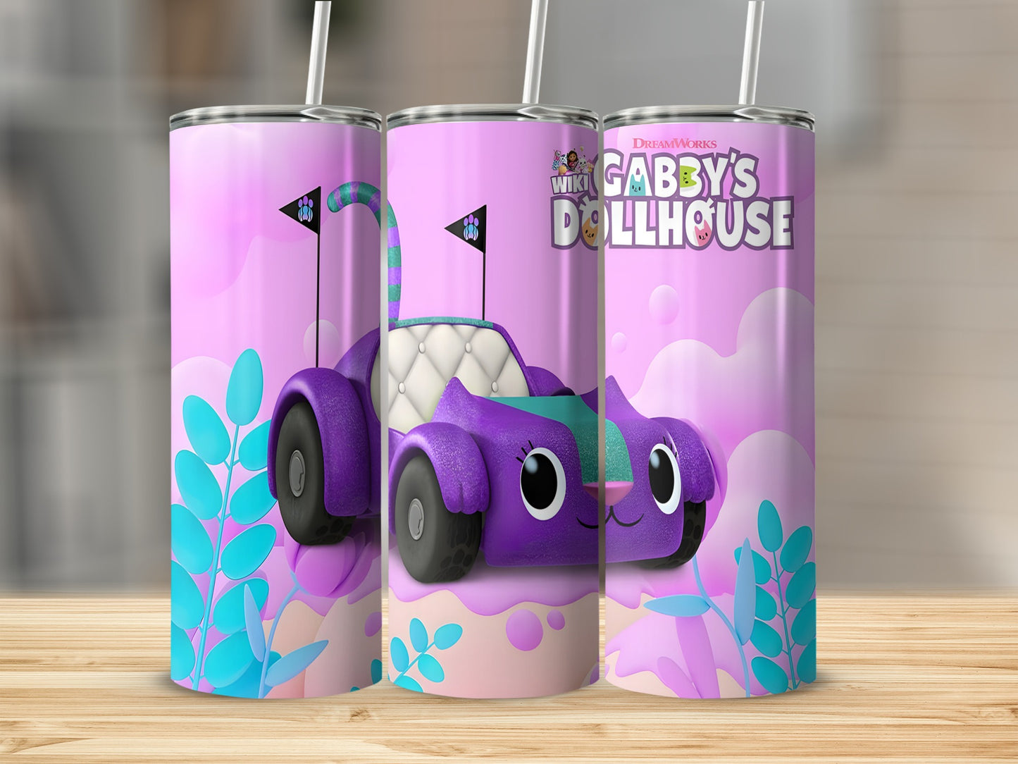 Gabby's Dollhouse purple cat car with cartoon background.