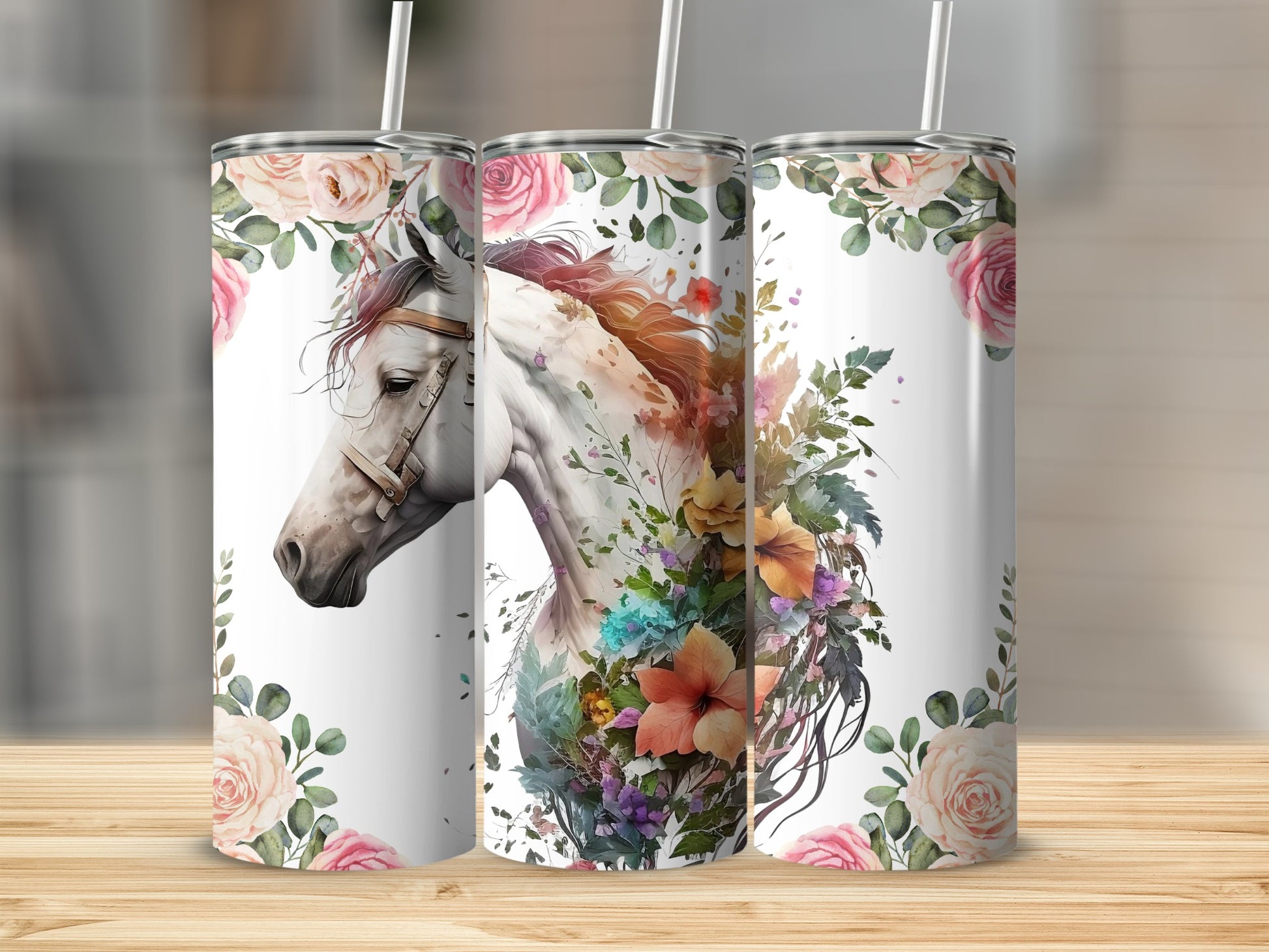 Floral Horse Design Stainless Steel Tumbler
