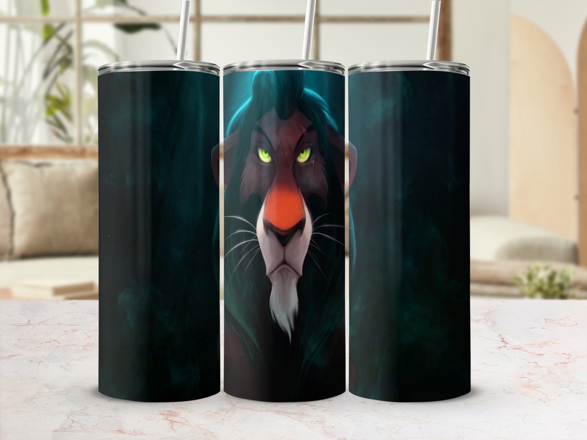 Scar from The Lion King on a dark, smoky tumbler.