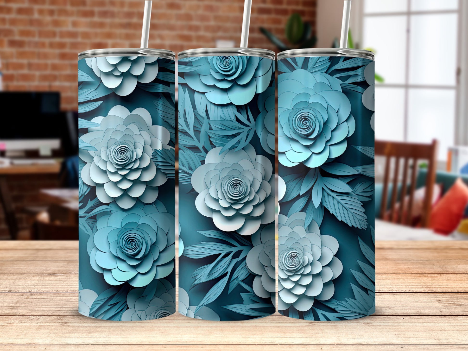 Stylish Blue Floral Pattern Insulated Tumbler