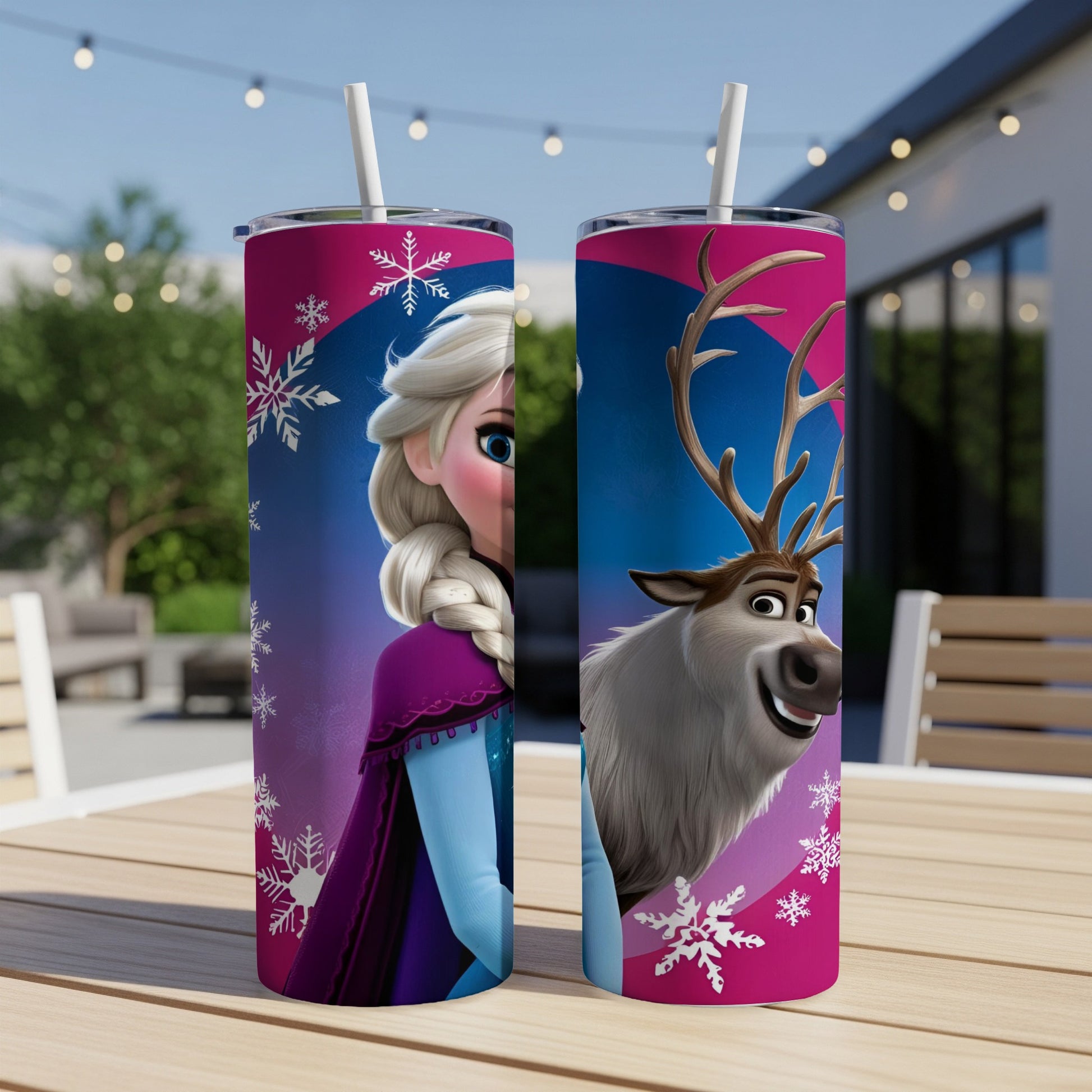 Elsa and Sven from Frozen on a pink patterned tumbler.