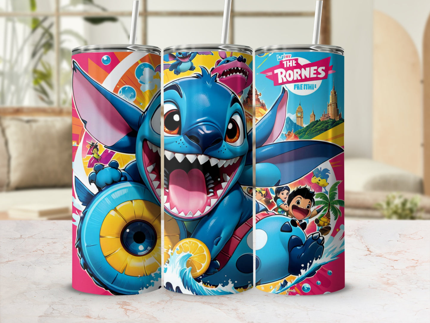 Stitch on a tumbler with "The Rornes Freethai" text.
