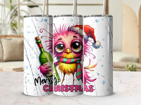 Pink cartoon bird in Santa hat and scarf holding a wine bottle.