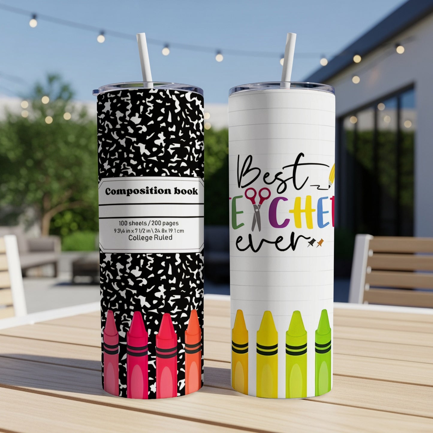 Two tumblers, one with a composition book pattern, the other with "Best Teacher Ever" and crayons.